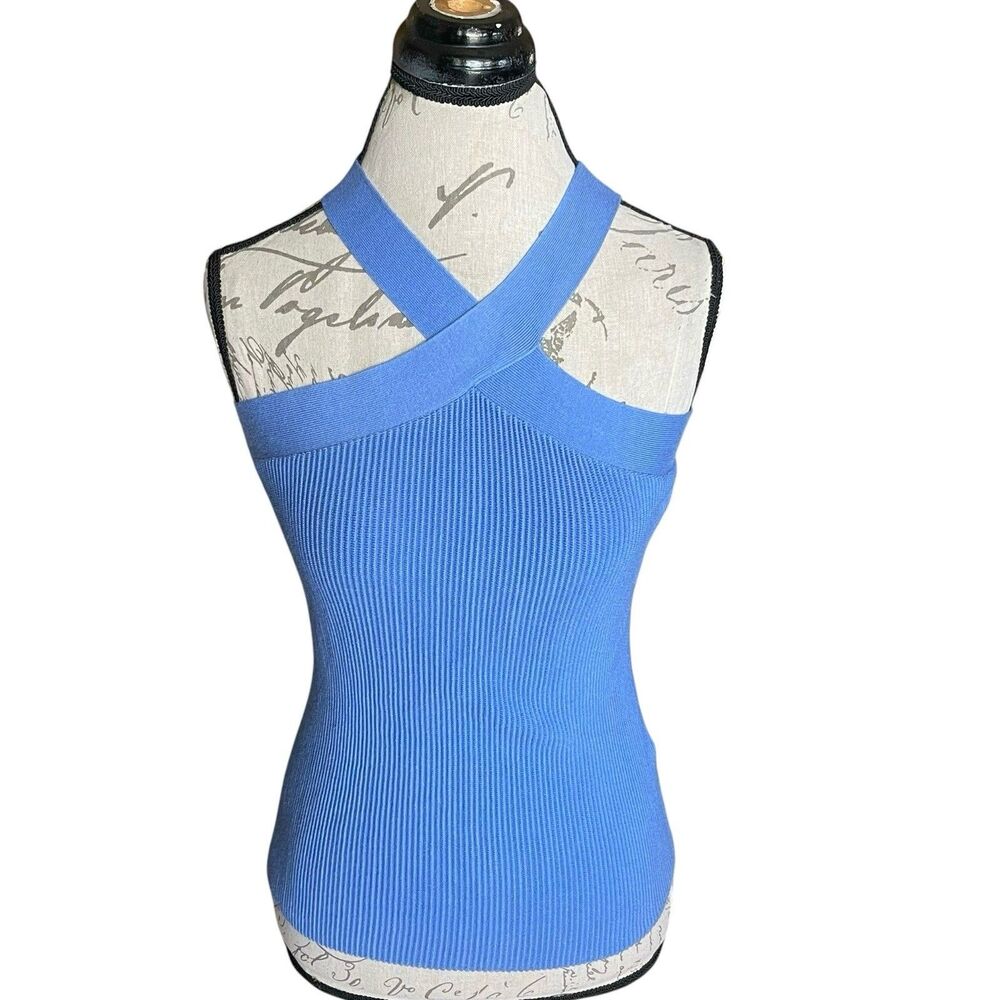 Y2k Inc International Concepts Criss Cross Top XS Tank Sculpt Knit Blue Ribbed - Picture 2 of 9